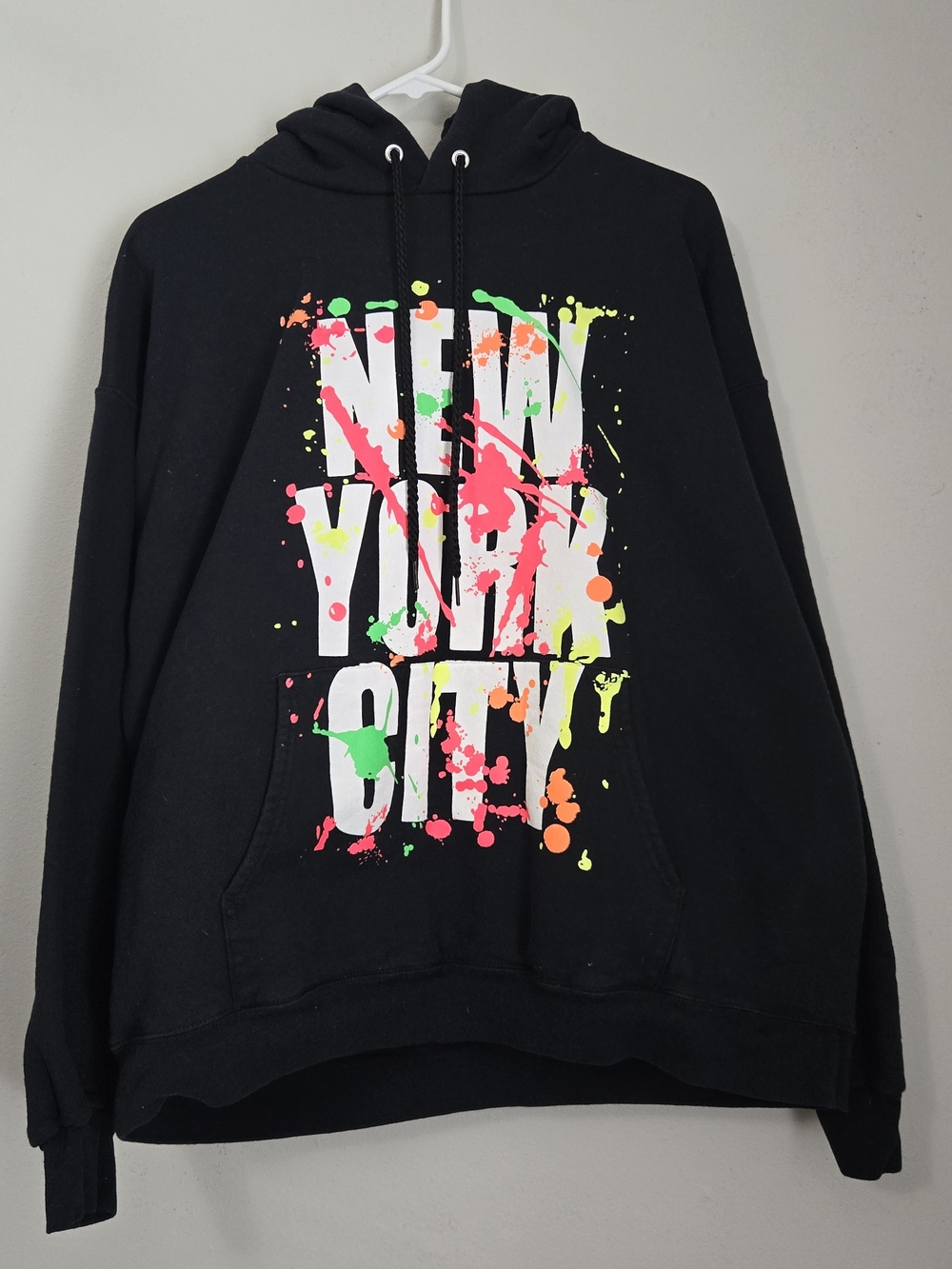 Hanes Black Crewneck Hoodie with Neon Paint-Splash Graphic